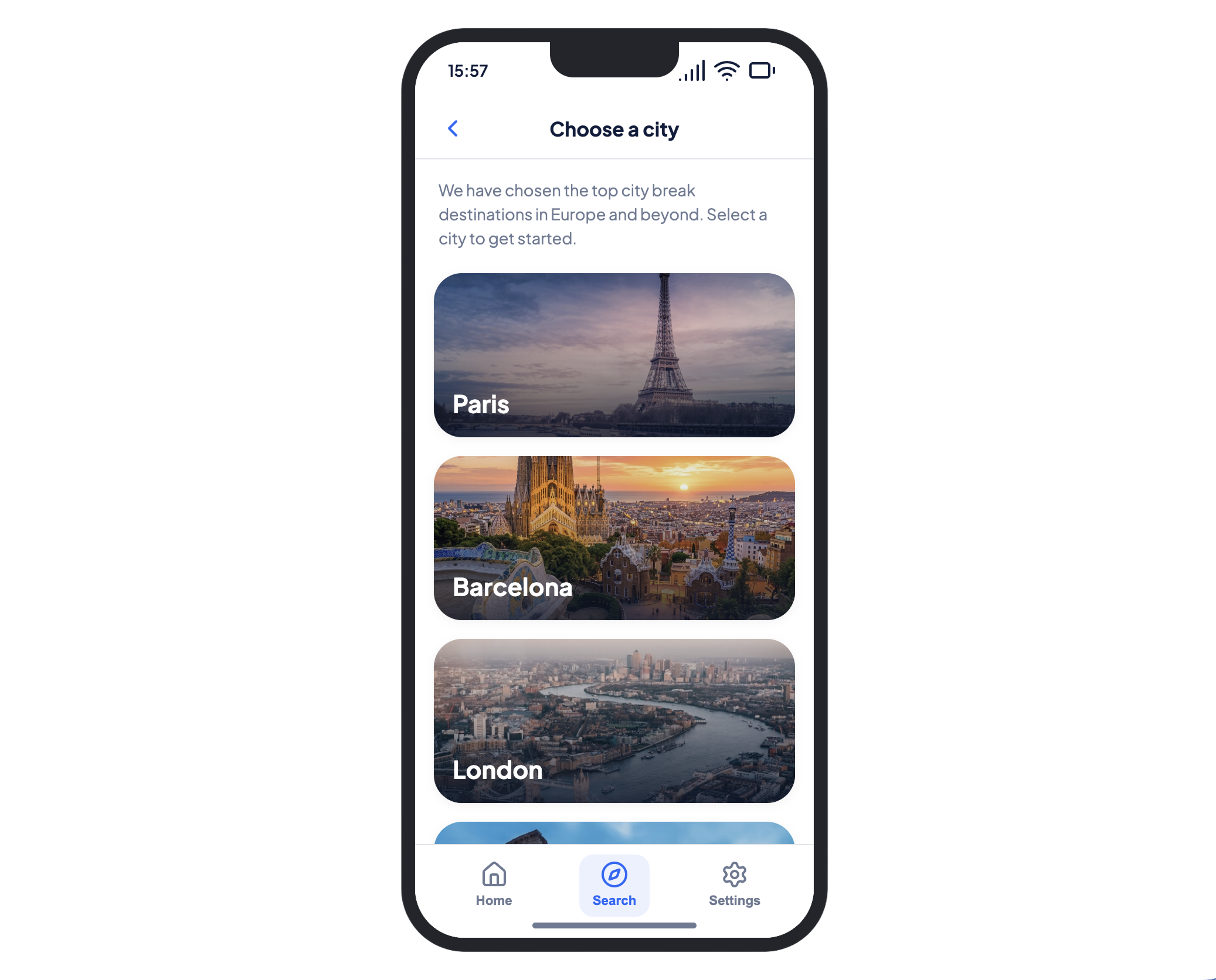 Expedia app city selection screen showing European destinations